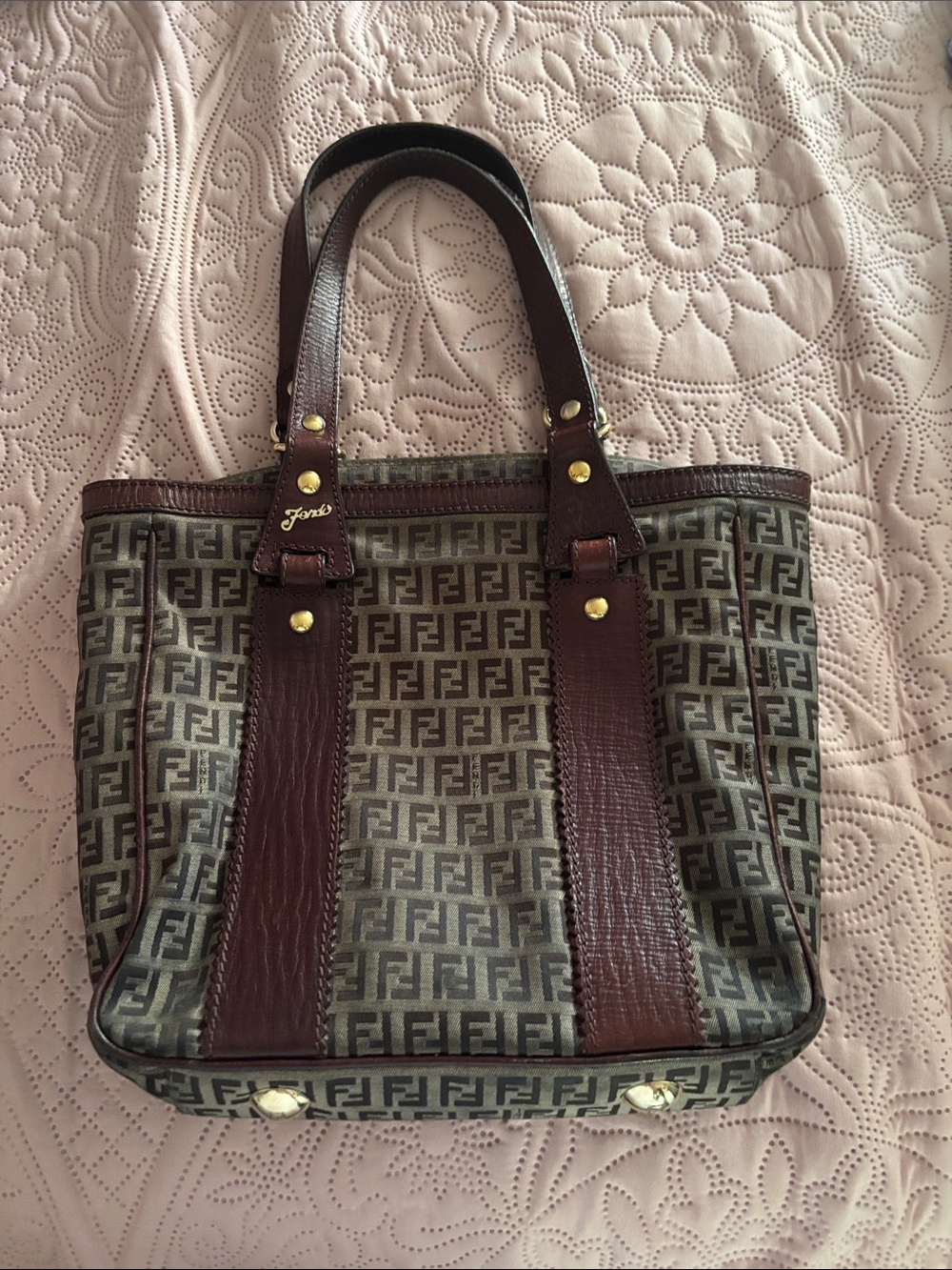 Fendi Brown FF Logo Canvas Tote with Dark Brown Leather Trim
